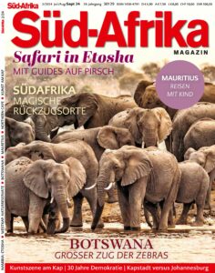 Cover des Südafrika-Magazins mit einem Foto von Elefanten am Wasserloch